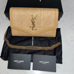 Yves Saint Laurent Monogram Uptown Beige Raffia Envelope Chain Wallet